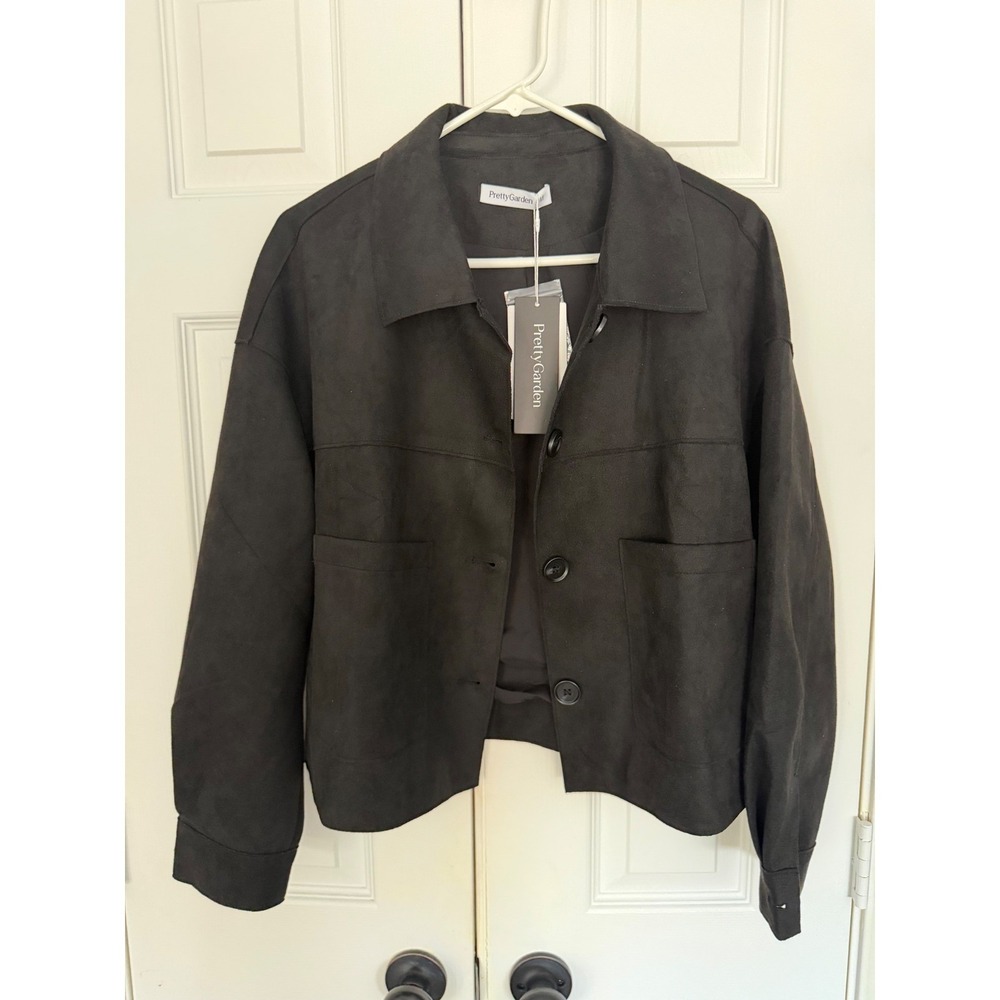 PrettyGarden‎ Women Black Faux Suede Cropped Jacket Button Up Shacket Size M NWT - Picture 4 of 7